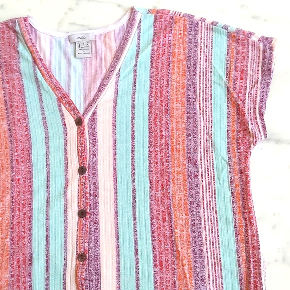 NWOT Color Stripe Drop shoulder LooseFit ShortSleeve V-Neck Button Down knit Top - Picture 4 of 5